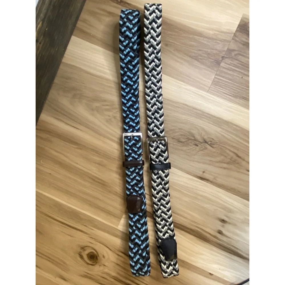 Mens Braided Elastic Stretch‎ Belt Lot 2 Blue Grey Black Chevron Woven 42 & 2XL